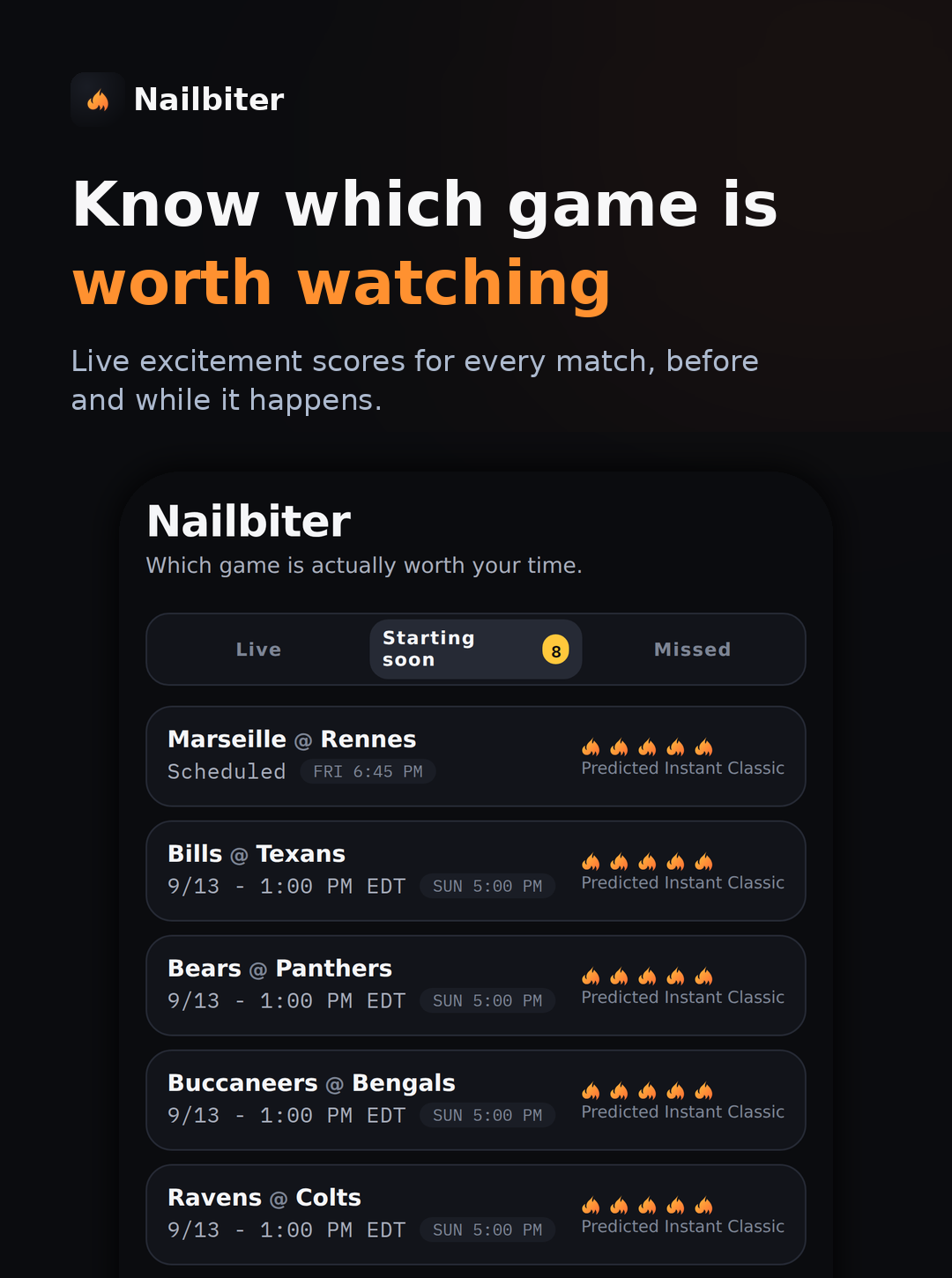 Nailbiter dashboard showing games with flame ratings